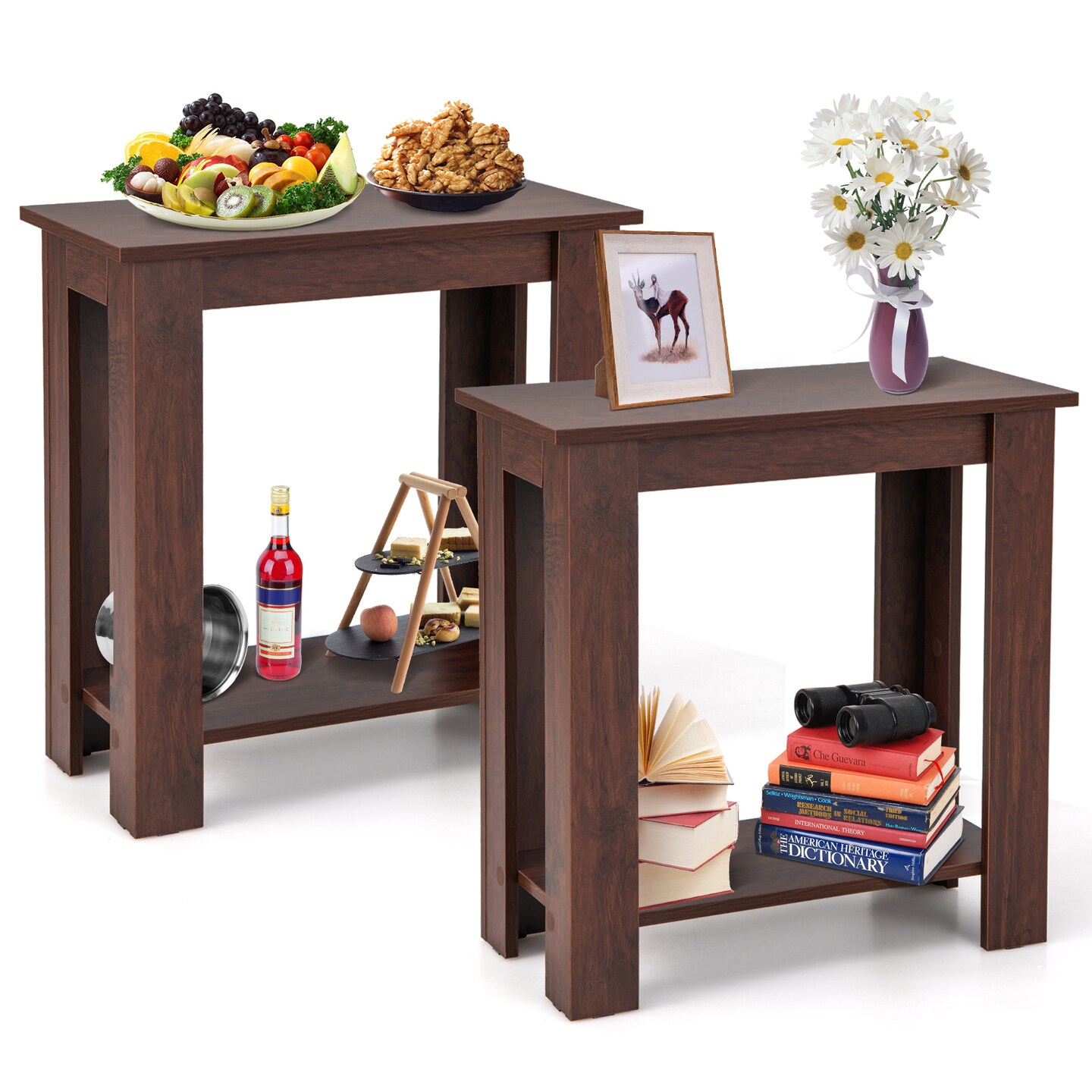 Modern 2 Tier Brown Wooden End Table with Storage Shelf for Living Room or Bedroom