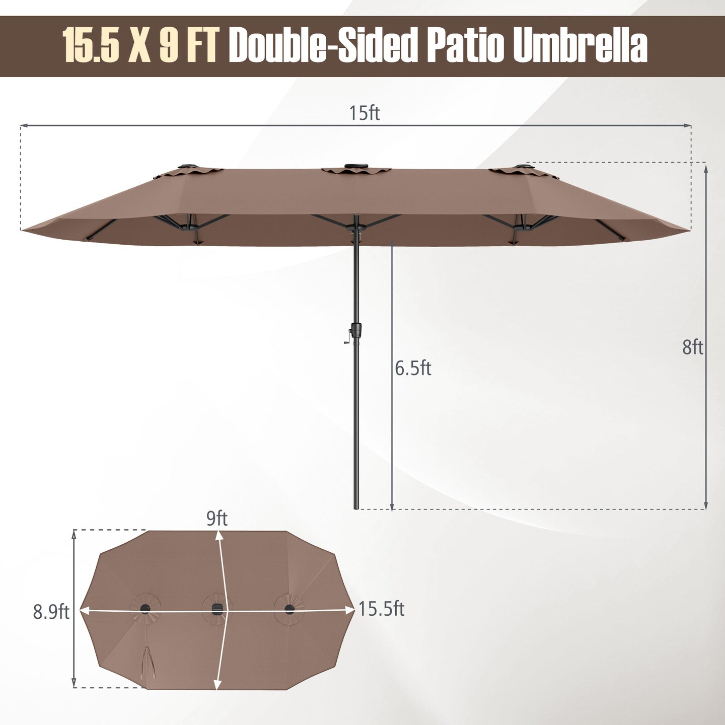 Extra Large LED Patio Umbrella, Double-Tier Canopy with Crank and Solar Lights