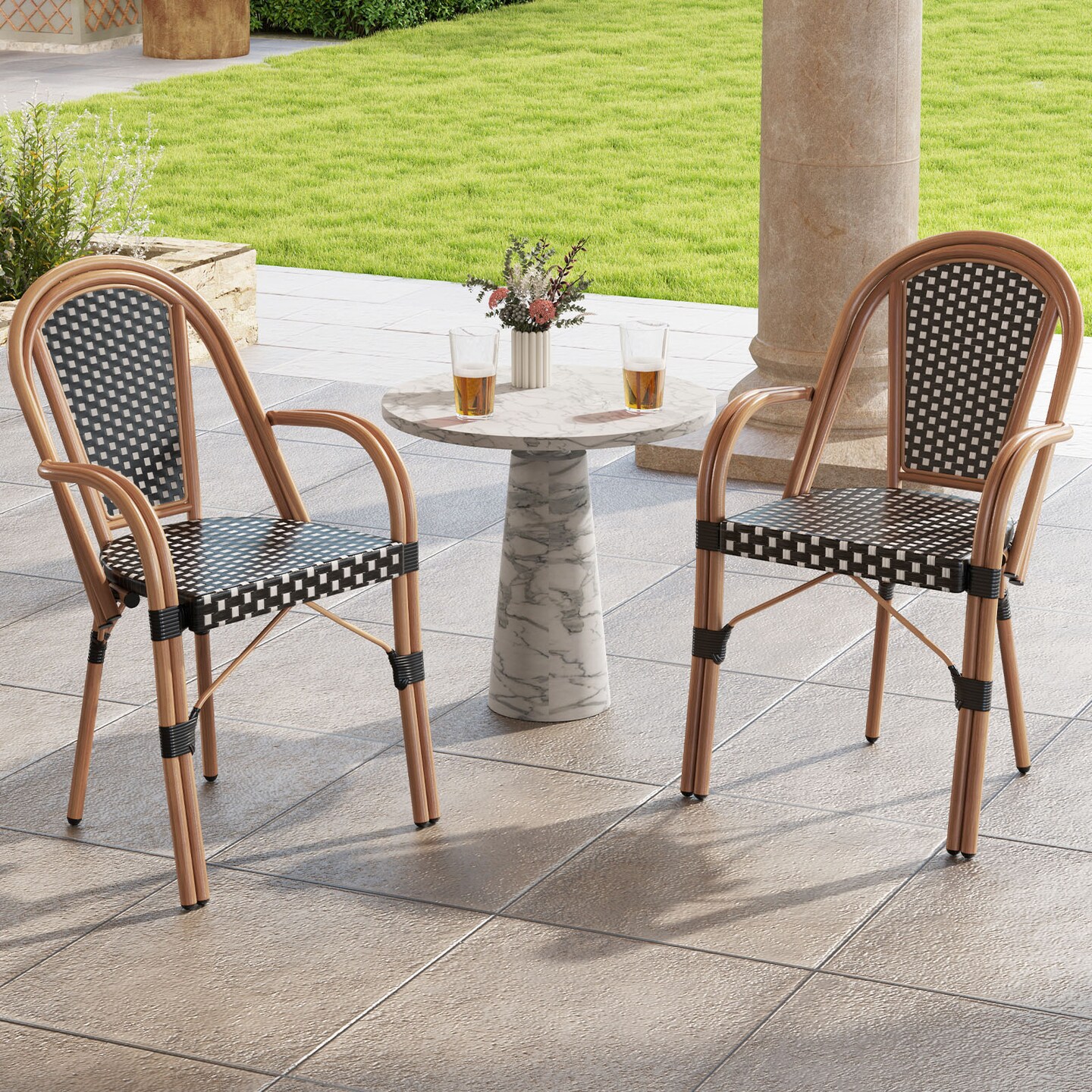 Set of 2 Outdoor French Bistro Chairs with PE Wicker and Galvanized Frame
