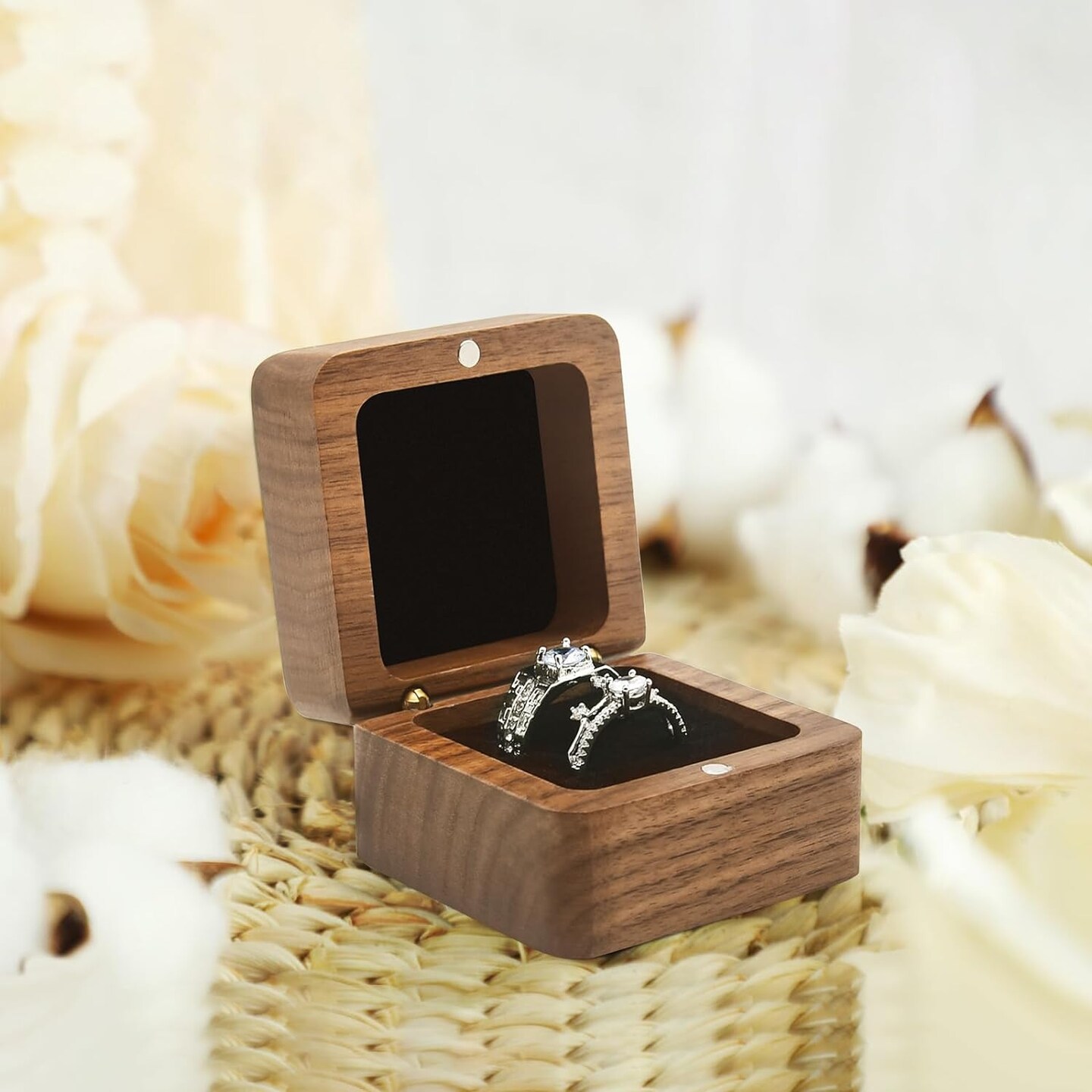 Wooden Ring Box for Wedding Ceremony 2 Slots,Small Square Solid Wood Double Ring Holder Case Box,Vintage Ring Bearer Box for Engagement Proposal,Rustic Jewelry Gift Storage Box-Black
