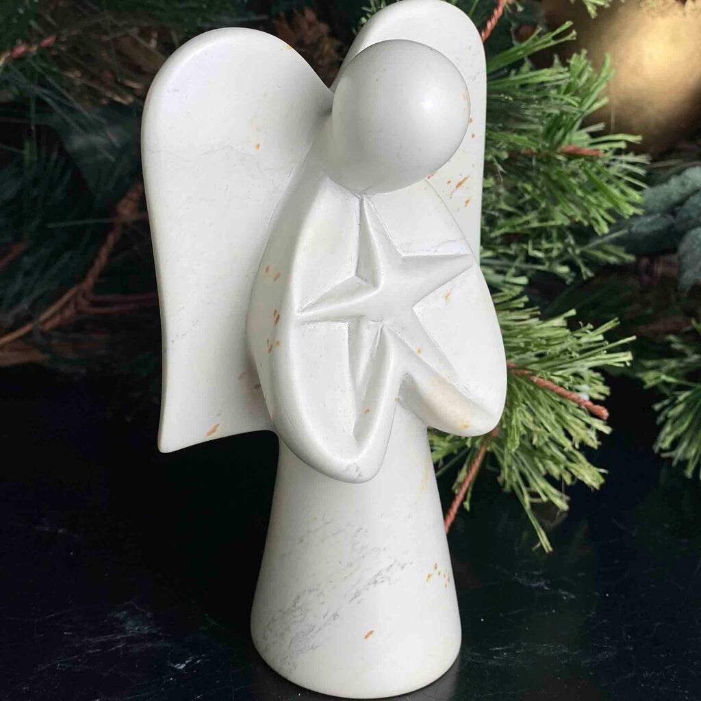 Cream Soapstone Angel Sculpture with Star 5 inches Hand-Carved