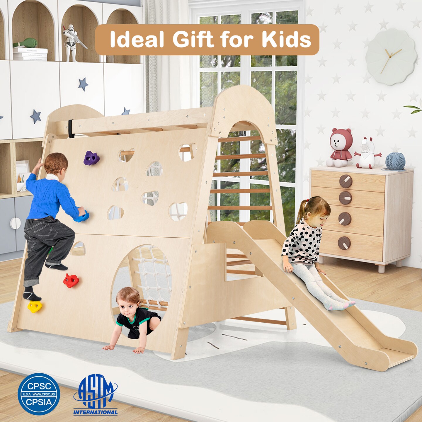 Wooden 8 in 1 Indoor Playground with Swing Climbing Wall and Slide