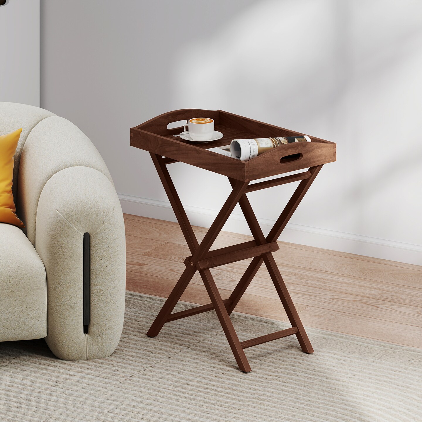 28" Tall Teak Wood Folding Tray Table with Carry Handles and Removable Top Compact Storage