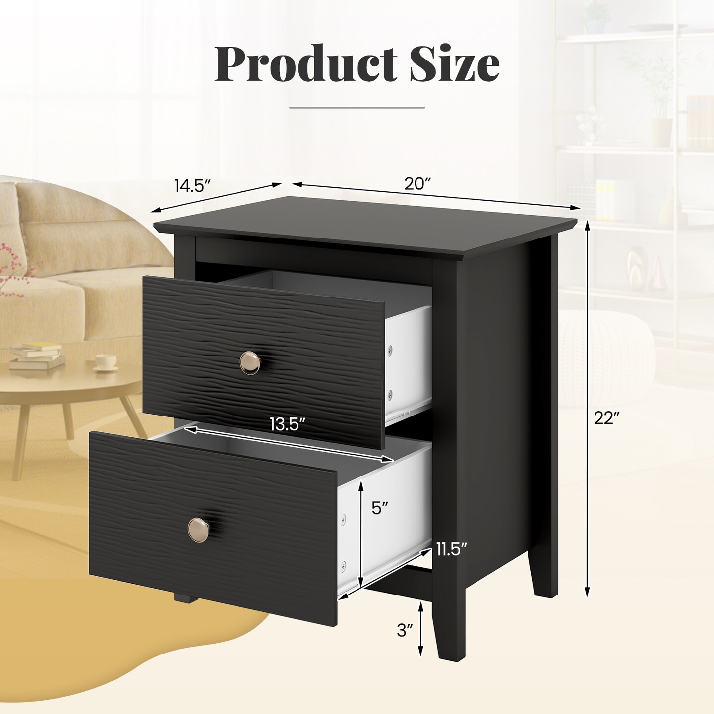 Modern 2 Drawer Nightstand for Bedroom Living Room or Small Spaces