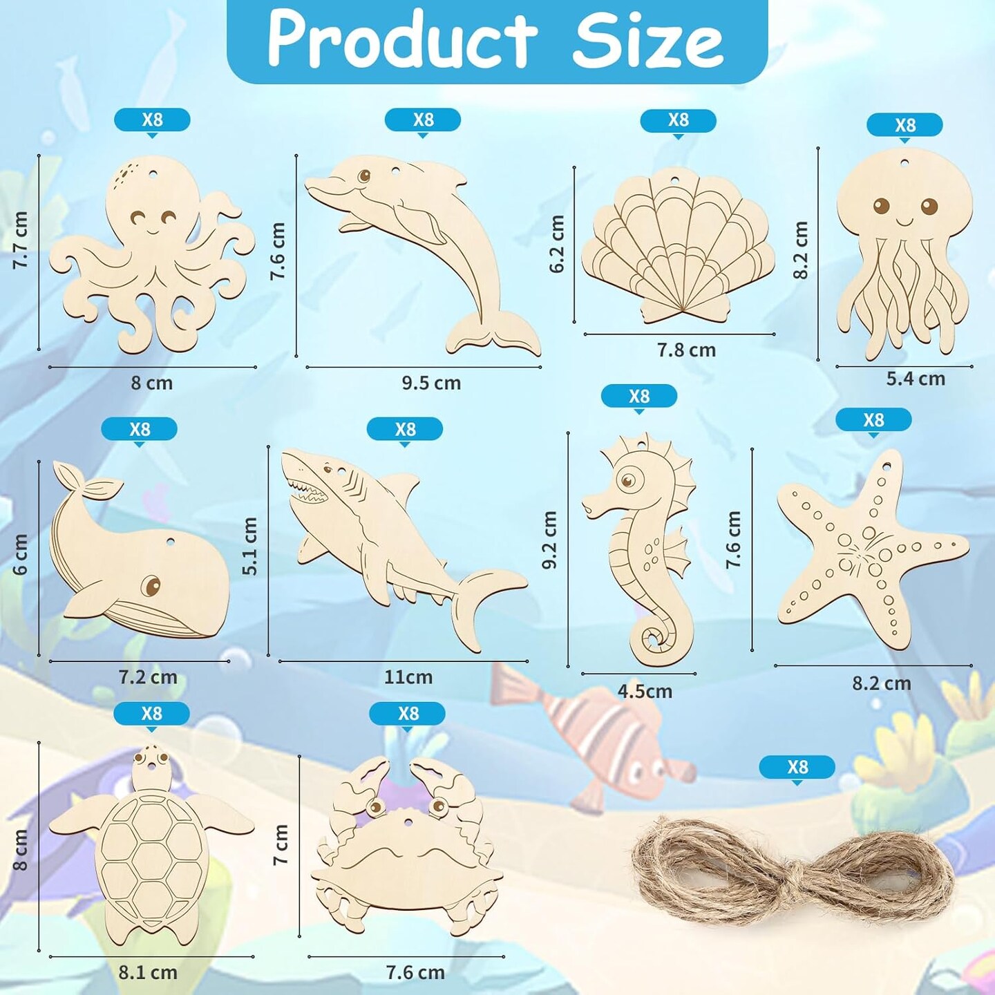 Wooden Sea Ornaments to Paint, 10 Styles DIY Blank Unfinished Wood Ocean Whale Seahorse Octopus Starfish Dolphin Turtle Shark Crab Cutouts Ornament for Crafts Hanging Decorations Summer