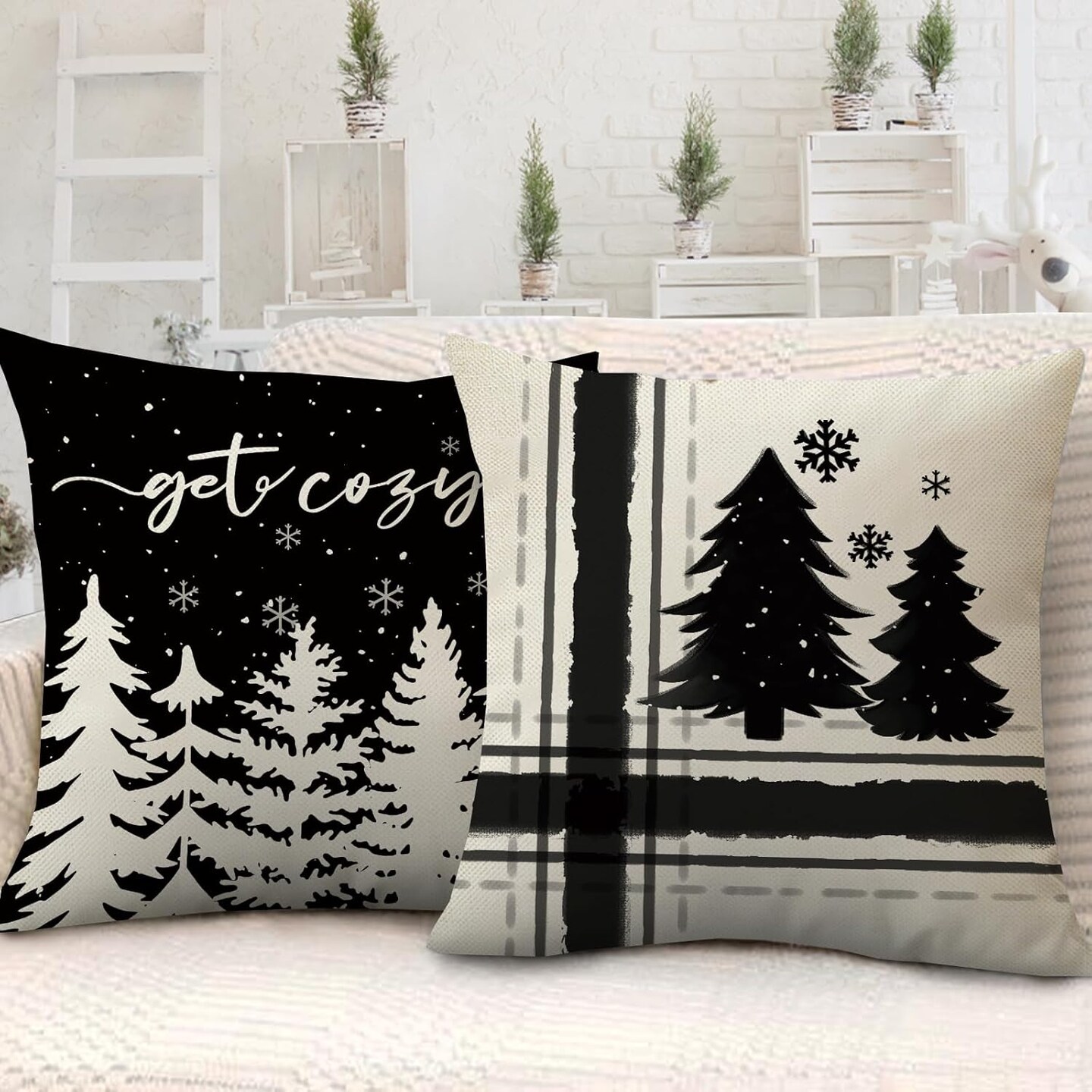 Winter Snowflake Decorative Throw Pillow Covers 18x18 Set of 4, Let It Snow Christmas Pine Tree Black Outdoor Pillowcase, Get Cozy Seasonal Holiday Farmhouse Cushion Case Home Decor