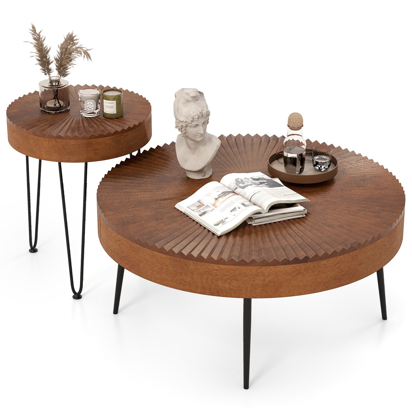 2 Piece Round Coffee Table Set with Rustic Wood Top and Metal Frame