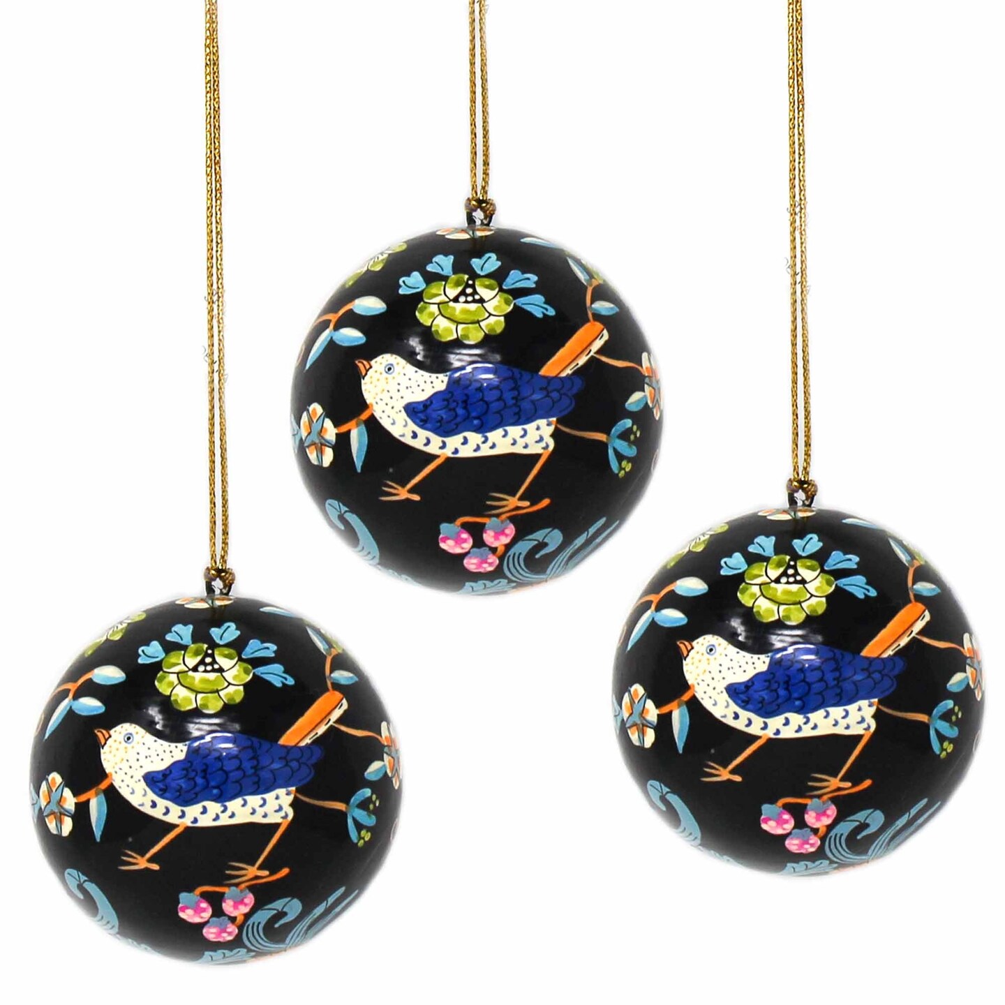 3" Dia Set of 3 Hand Painted Black Birds and Flowers Ornaments with Glossy Finish and Hanging Loop