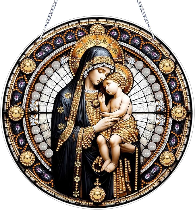 Religious Diamond Art Acrylic Hanging Kits for Adults, DIY Double Sided Special Shaped Christian Diamonds Painting Windows Pendant Ornament for Home Decor(Virgin Mary)