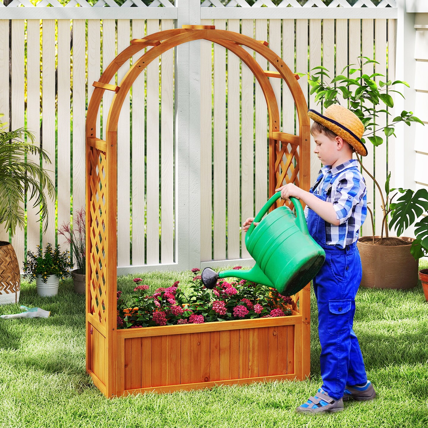 Reddish Brown Wooden Raised Garden Bed with Trellis and Arch Outdoor Planter Box with Liner