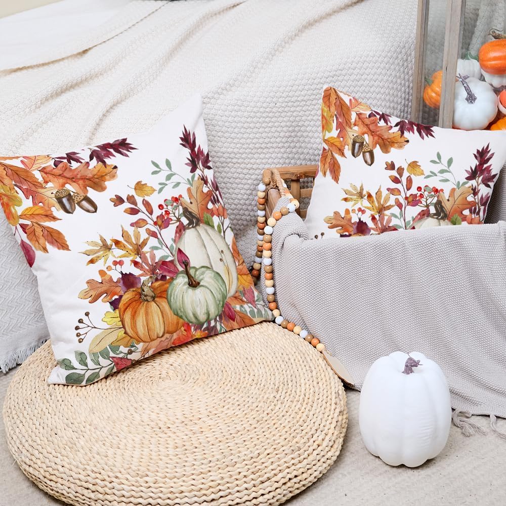 Fall Pillow Covers 18x18 Set of 2,Pumpkins Maple Leaves Decorations Floral Farmhouse Autumn Throw Pillow Case Decor for Home Sofa Couch AA559-18-2