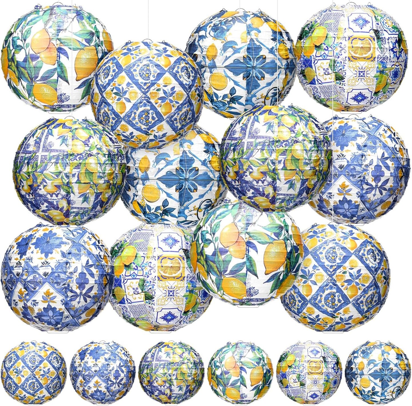 12-Piece 8-Inch Capri Lemon Paper Lanterns – Blue and Yellow Hanging Lanterns for Indoor/Outdoor Lemon-Themed Birthday, Tea Party, Wedding, or Baby Shower Decorations