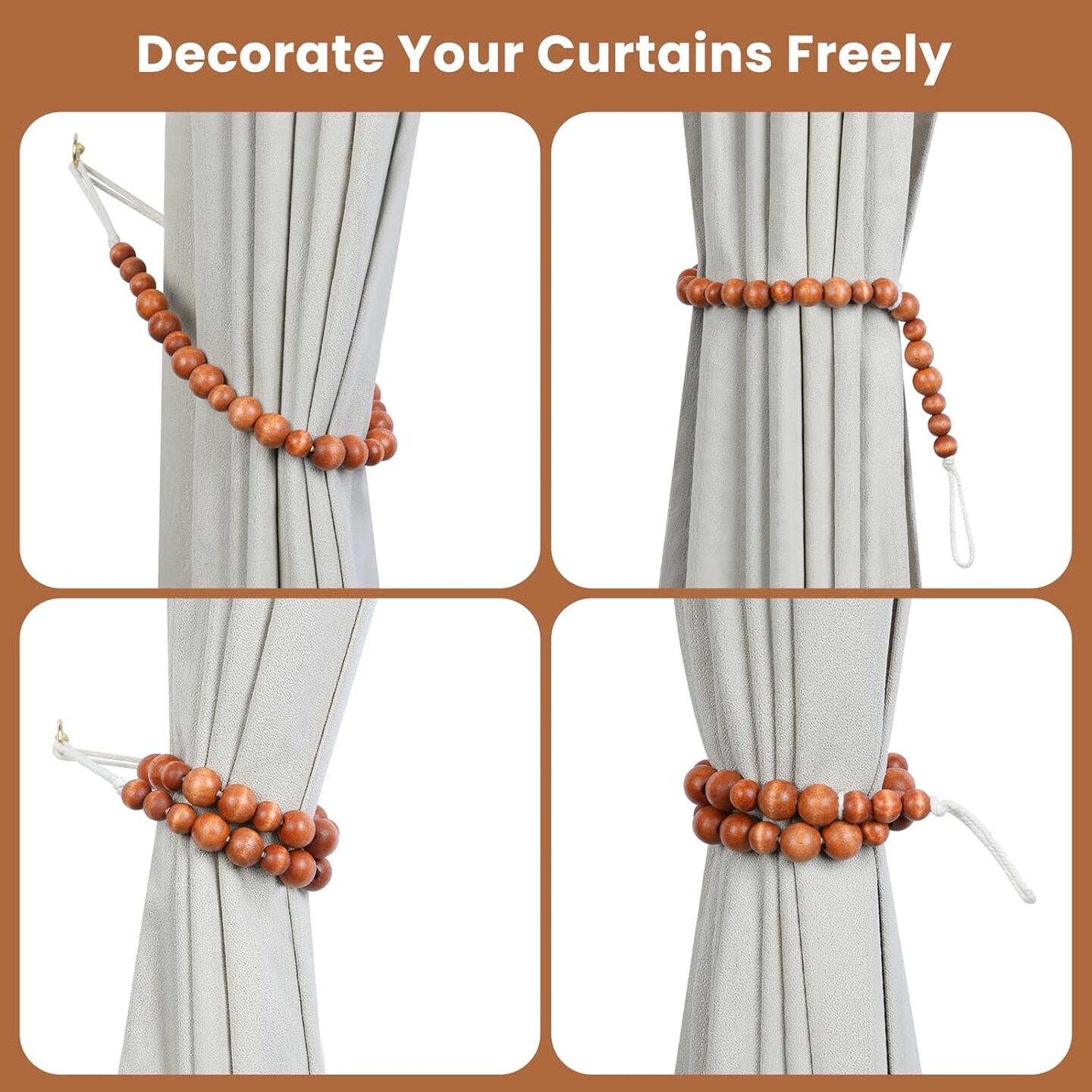 Wood Bead Curtain Tiebacks Set of 6 Curtain Holdbacks for Thin
