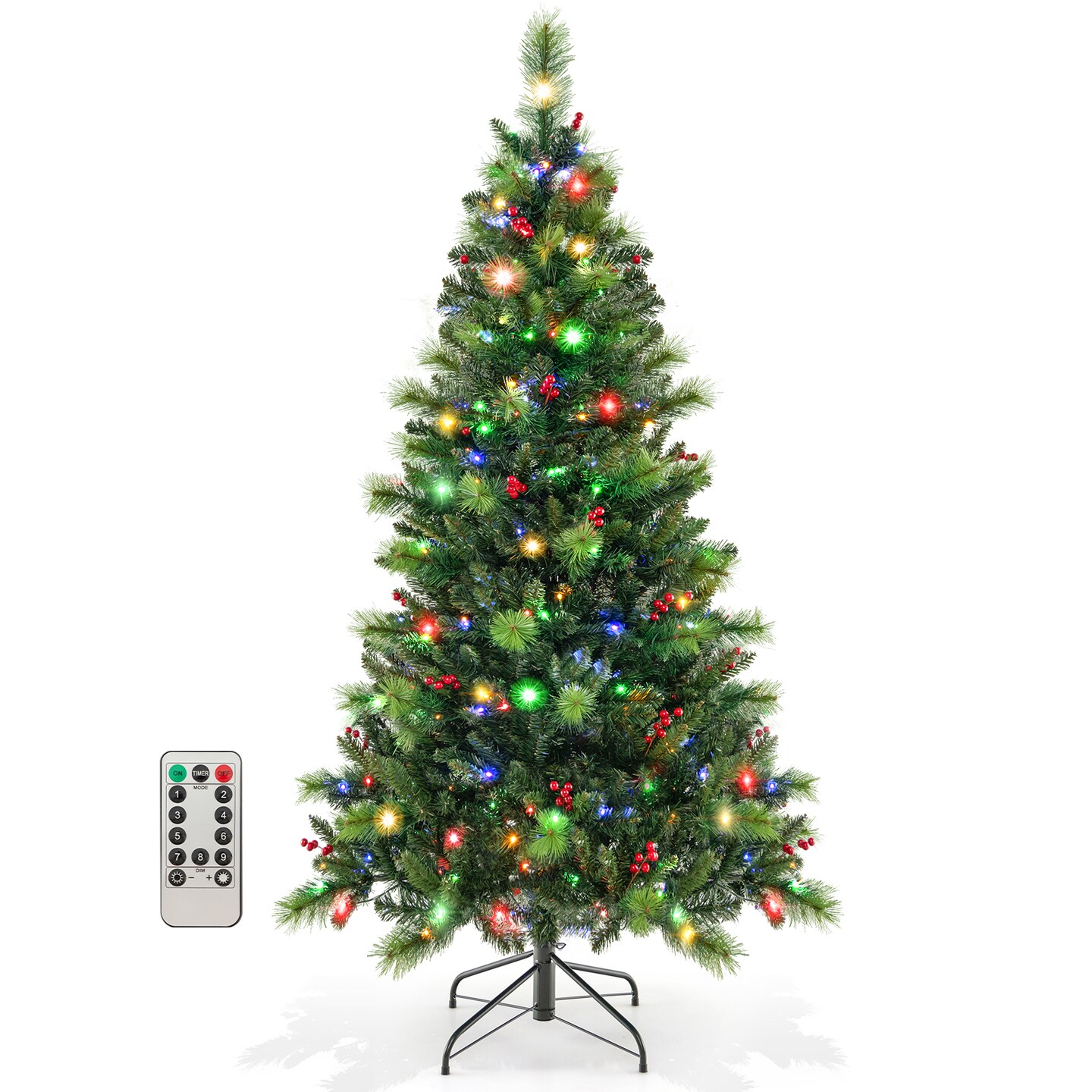 Green Pre-Lit Artificial Christmas Tree with LED Lights, Red Berries and Hinged Branches