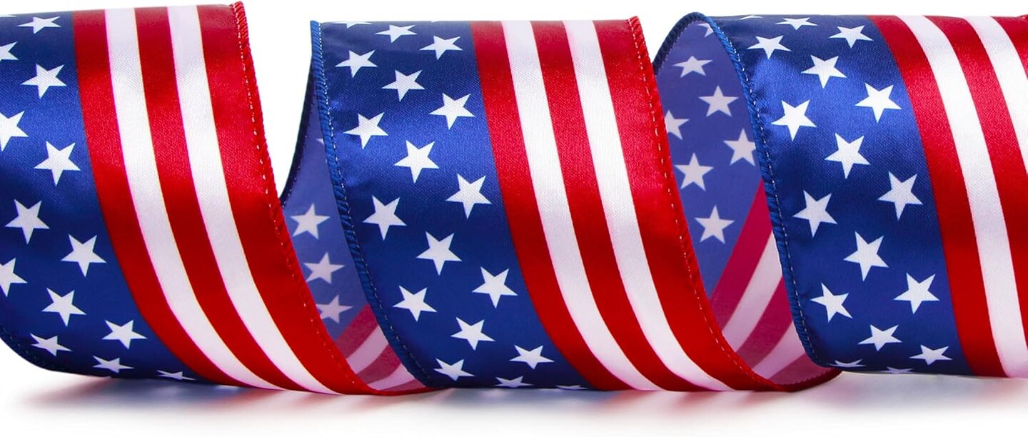 Patriotic Stars and Stripes Wired Satin Ribbon,American Flag Ribbon 2-1/2 Inch x Continuous 10 Yard,Red/White/Blue,4th of July Ribbon