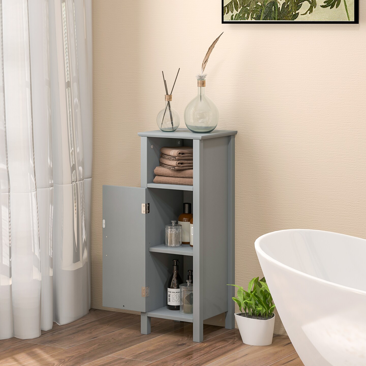 Freestanding MDF Floor Cabinet with Adjustable Shelf and 2-Tier Storage for Bathroom or Living Room
