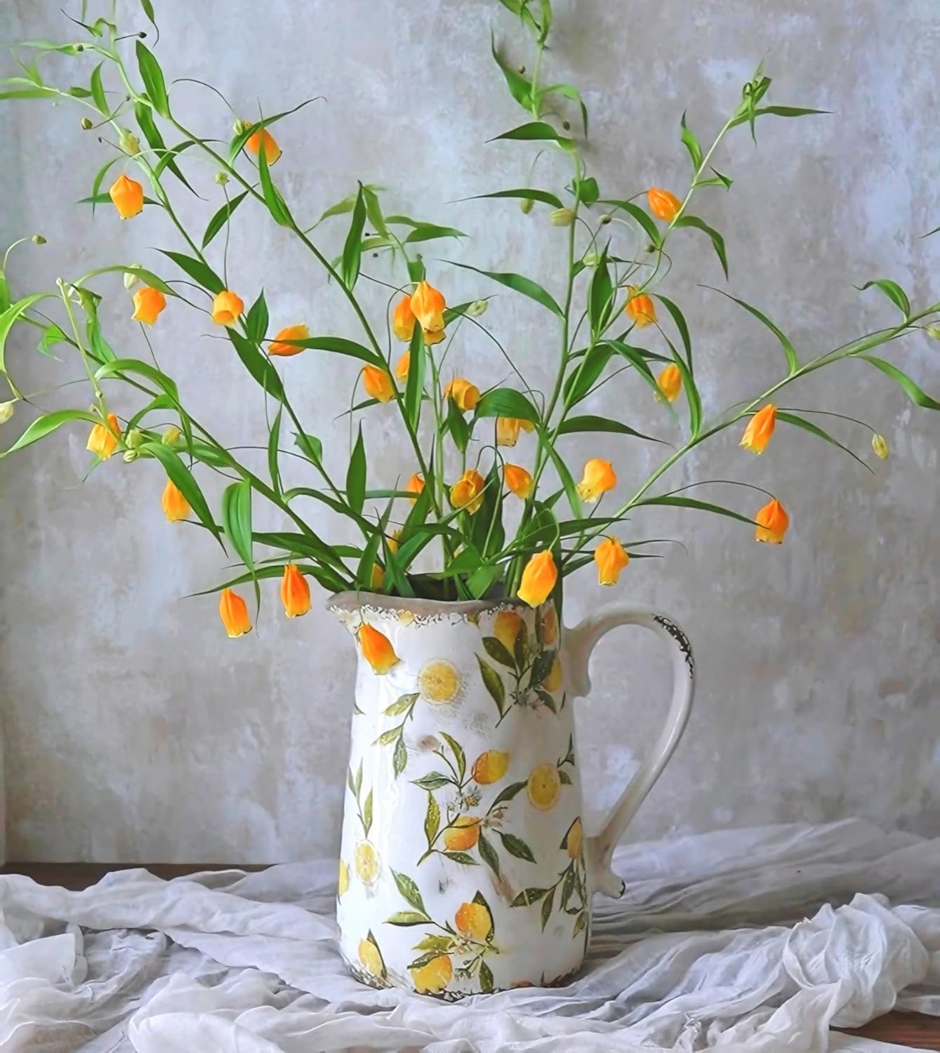 Summer Vintage Lemon Ceramic Vase with Handle, Retro Ice Glazed Crack Farmhouse Pitcher Vase for Home Decor, Living Room, Shelf, Office, Rustic Table Centerpiece 9 Inch