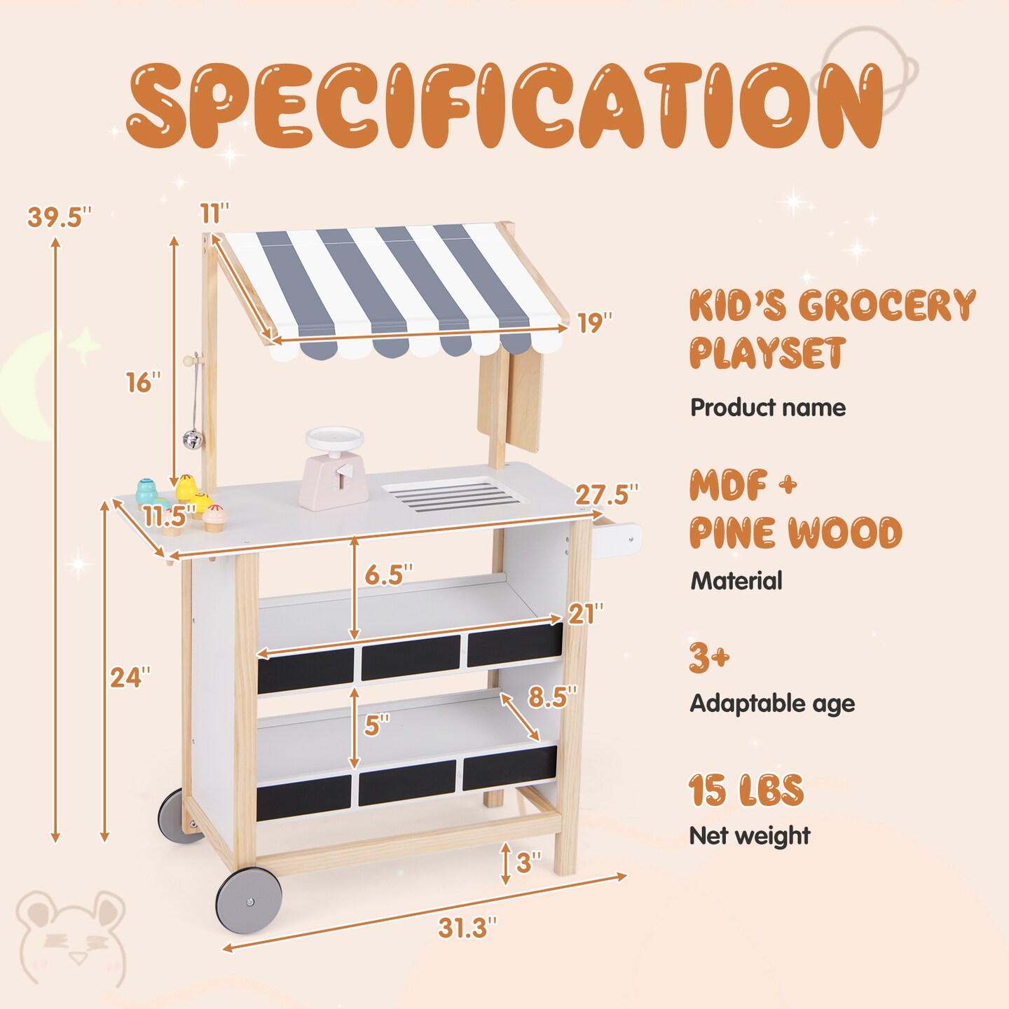 Wooden Ice Cream Cart for Children with Chalkboard Storage and Toy Pieces