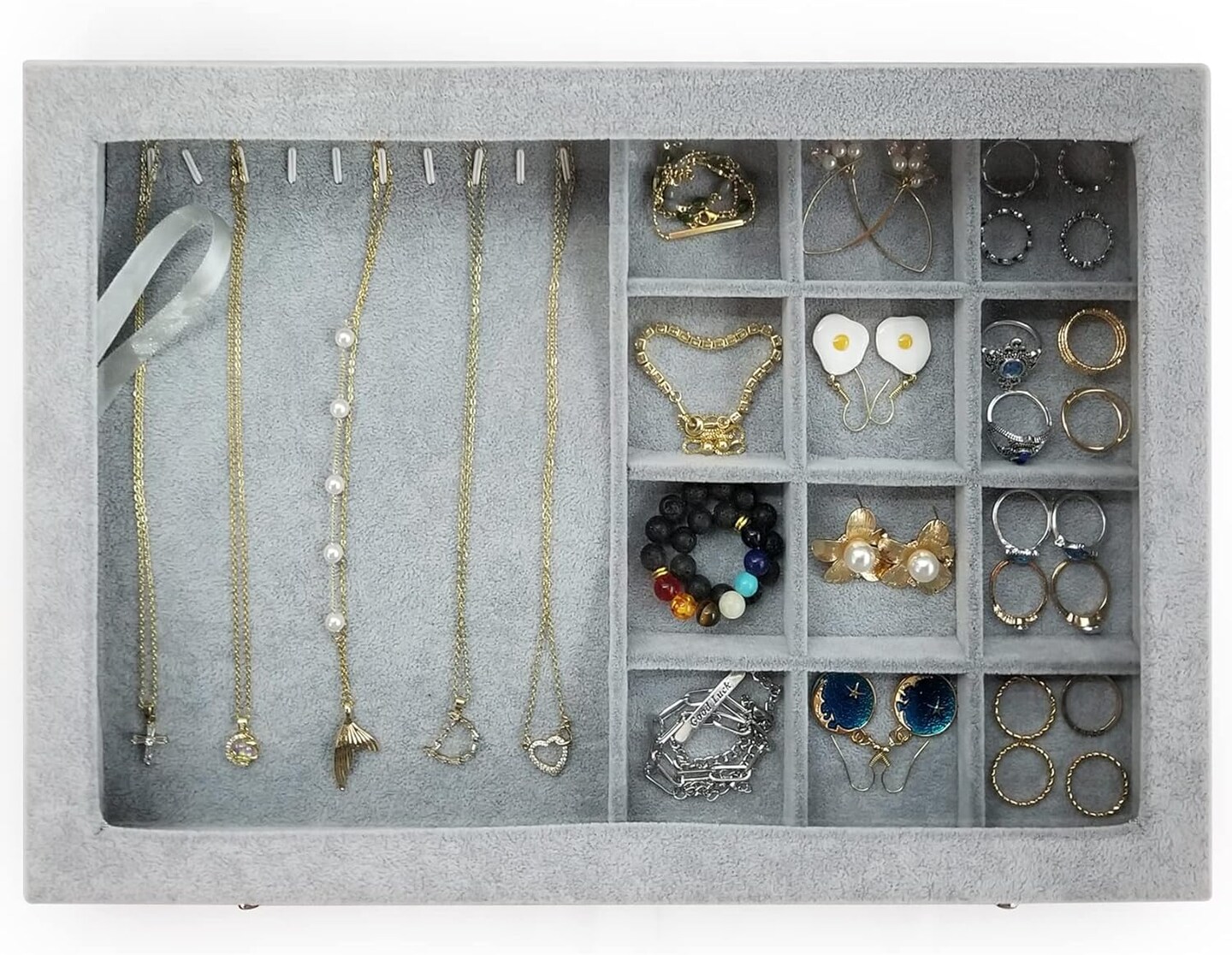 Ice Velvet Jewelry Box Display Case with a Clear Glass Window,10 Hooks Necklace Organizer Box and 12 Grids for Earrings Rings Storage Grey
