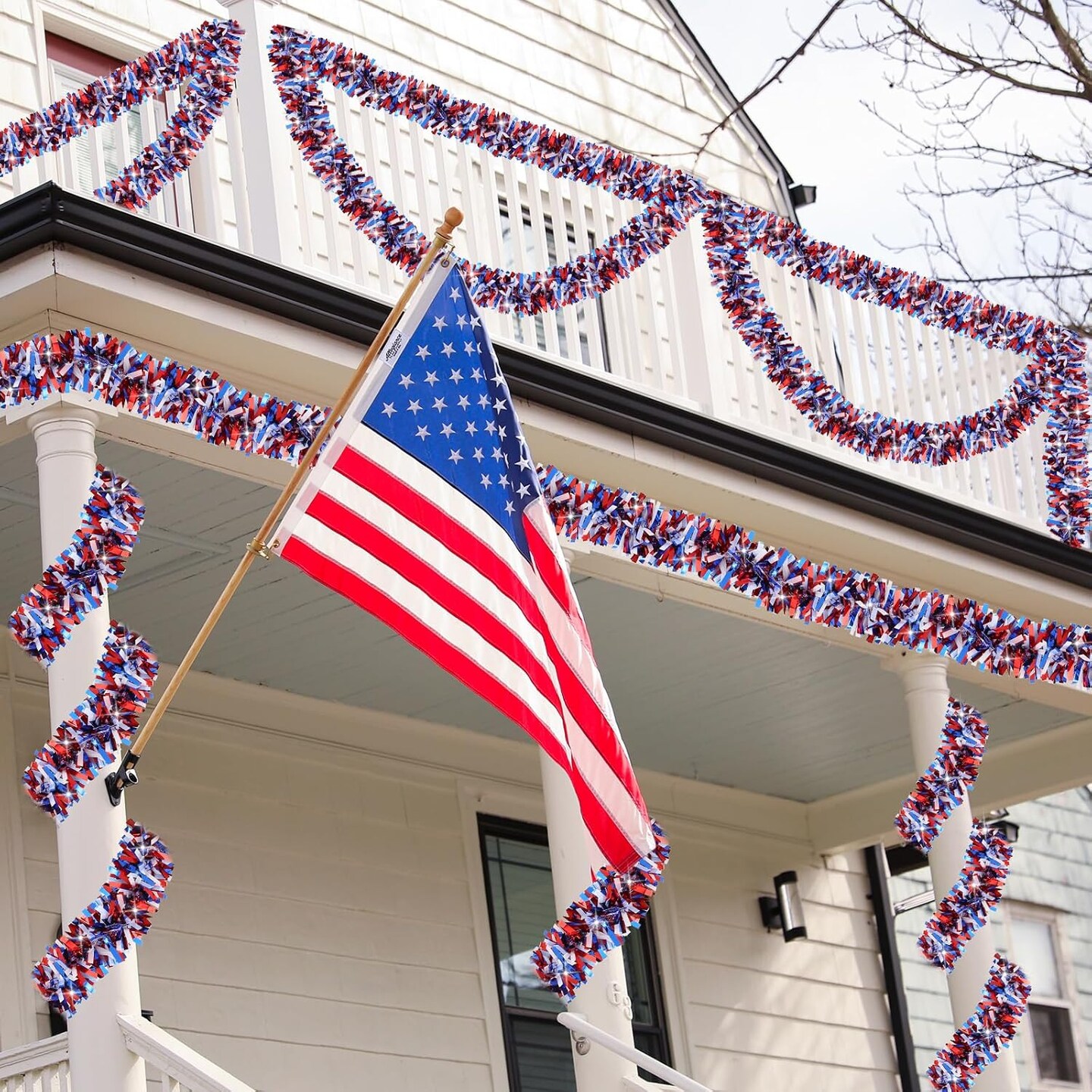 50FT 4th of July Garland Red White and Blue Patriotic Tinsel Garland for Indoor Outdoor Party Celebration Holiday Red White and Blue Memorial Day Independence Day 4th of July Decorations
