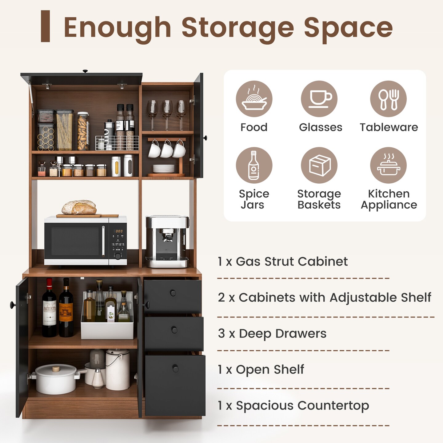 Kitchen Storage Pantry with 3 Cabinets and 3 Drawers for Organized Living