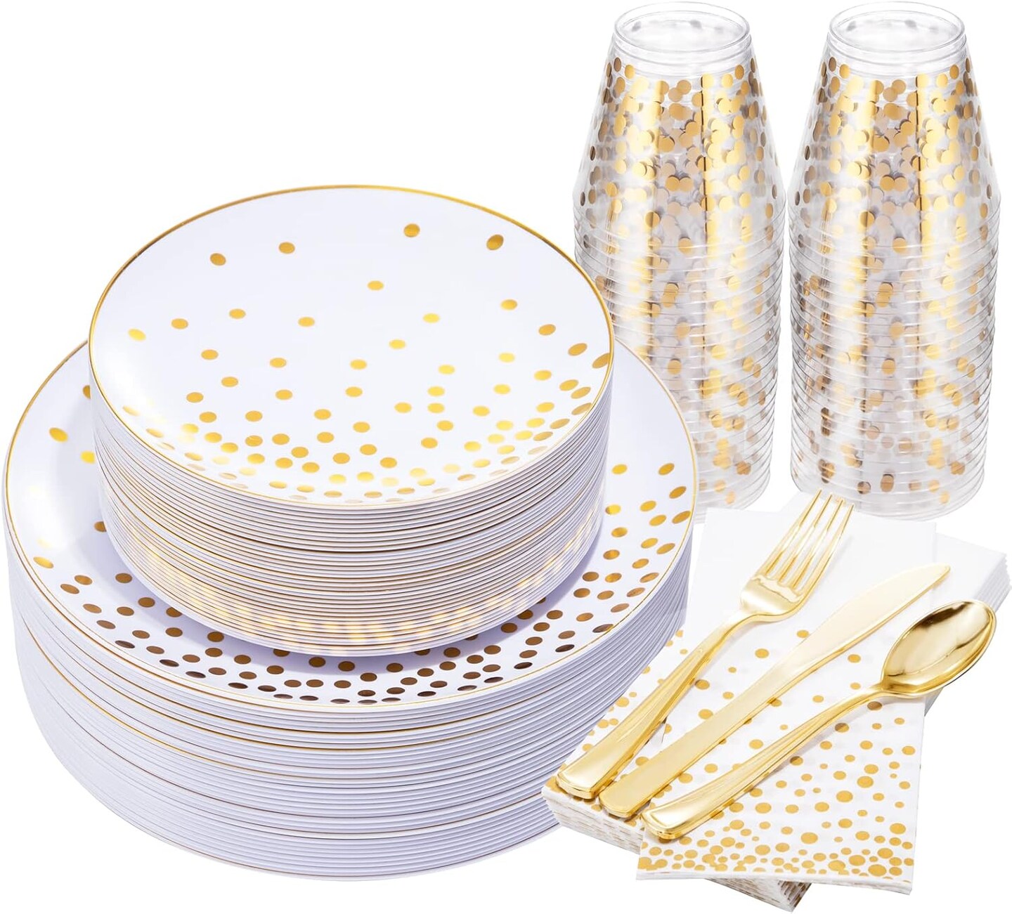 350-Piece White and Gold Plastic Dinnerware Set – 2025 Graduation Party Supplies, Featuring Gold Dot Plates, Napkins, Cups, and Cutlery for Graduation Celebrations.