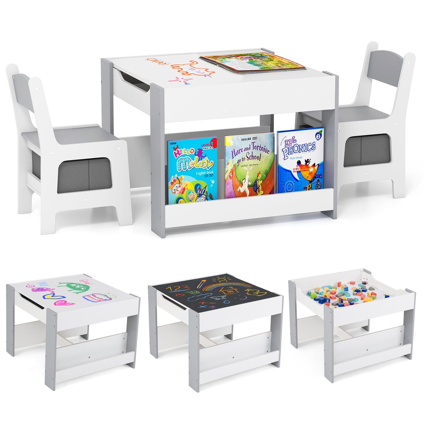 Multifunctional Kids Art and Study Table Set with Chalkboard Top and 2 Ergonomic Chairs and Toy Storage