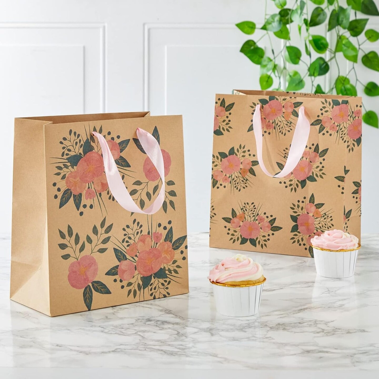 24 Pack Kraft Paper Floral Gift Bags with Pink Ribbon Handles - 2 Designs, For Themed Party Favors, Mother's Day, Weddings, Birthdays - 8x4x9 Inches Gift Bags With Handles