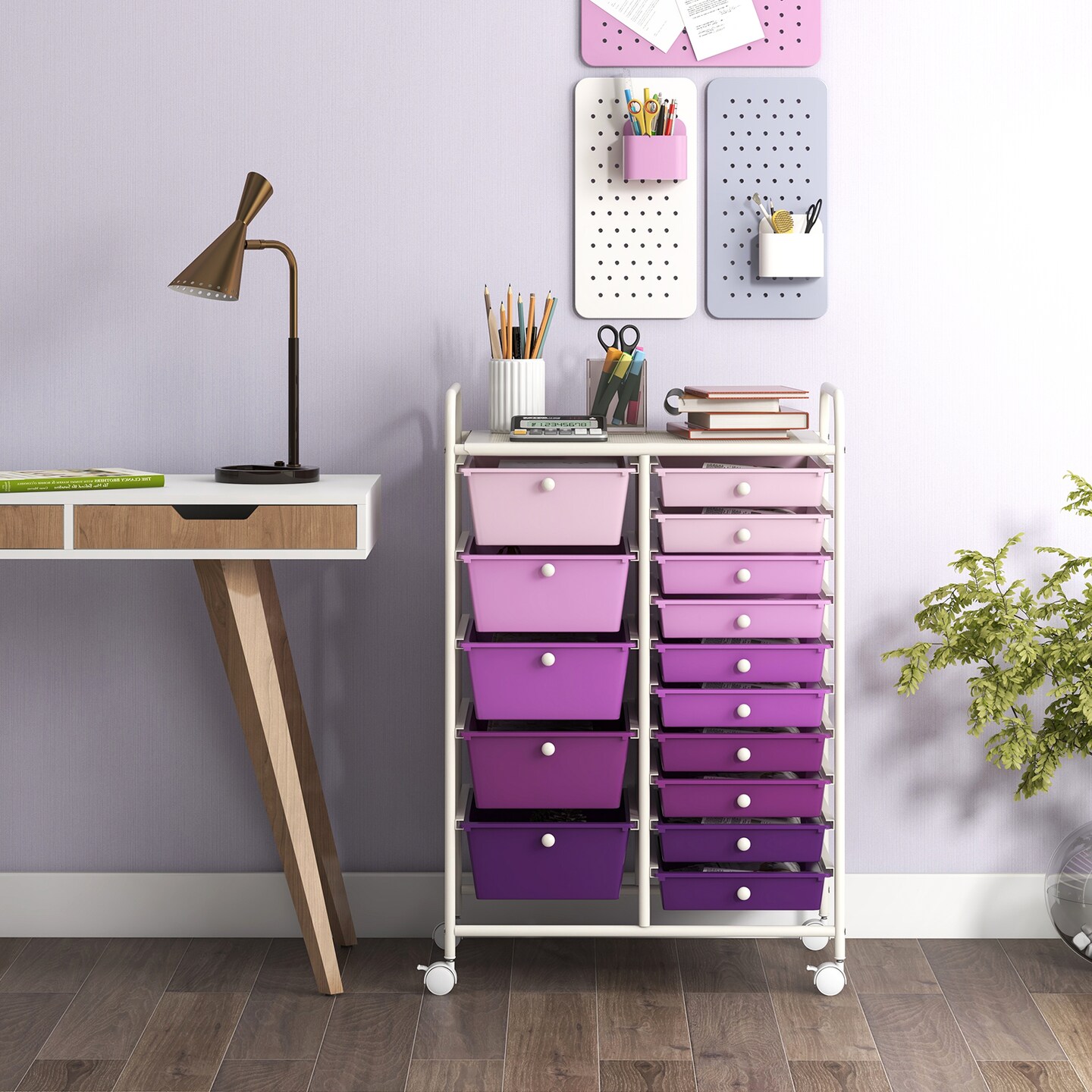 White Steel Frame Rolling Storage Cart with Purple Drawers and 15 Compartments