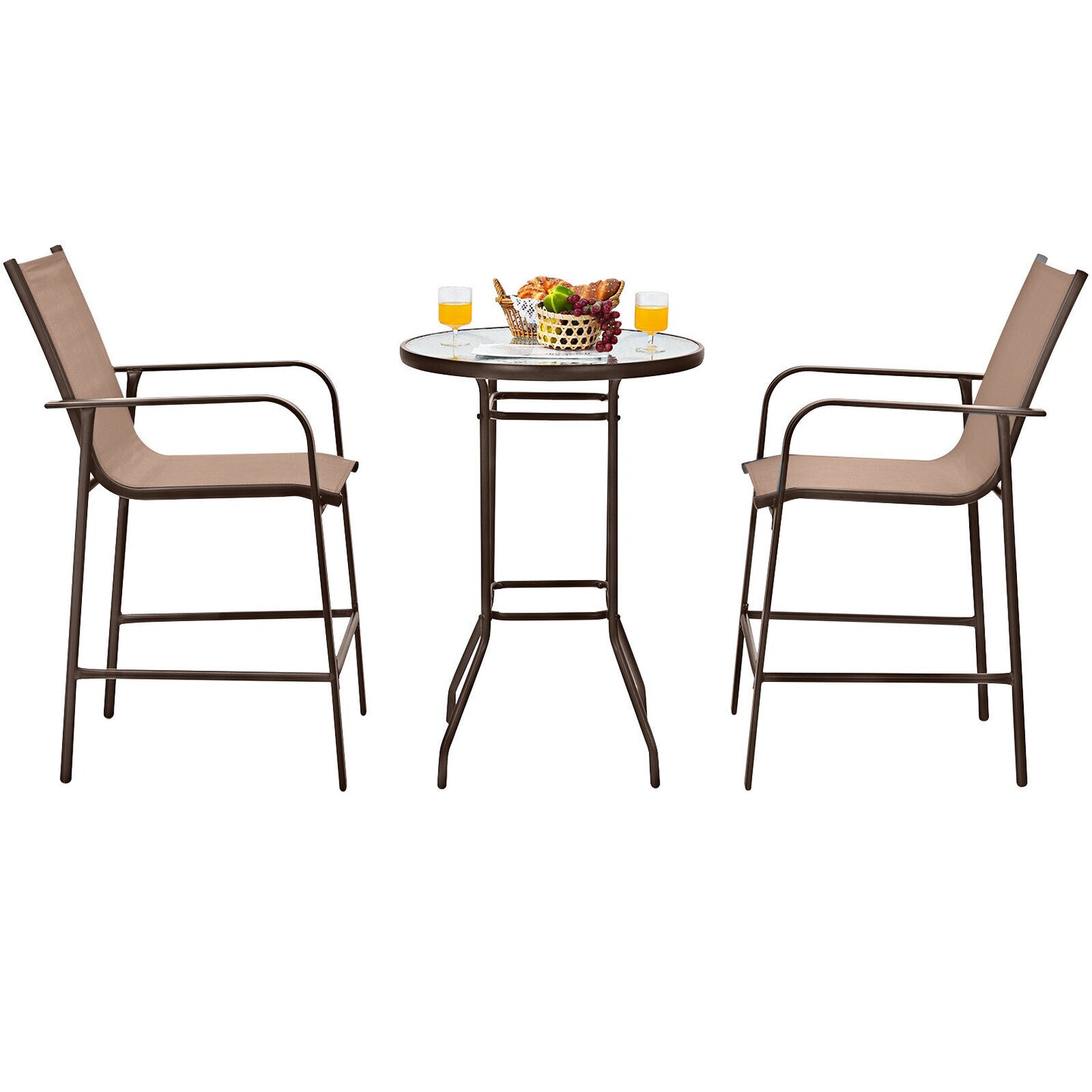 3-Piece Outdoor Patio Bar Set with 2 Stools & Tempered Glass Table, Brown Steel Frame & Breathable Fabric
