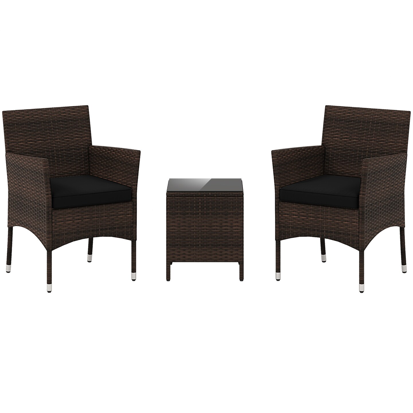 Rattan 3 Piece Outdoor Conversation Set with Cushioned Seats and Glass Table