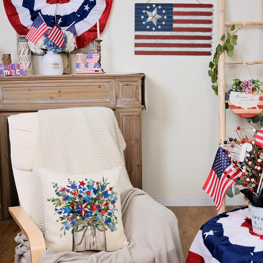 4th of July Pillow Covers 18x18 Inch Stars Floral Vase Butterfly Decor Patriotic America USA Holiday Pillow Case Independence Memorial Day Decorations for Home Sofa