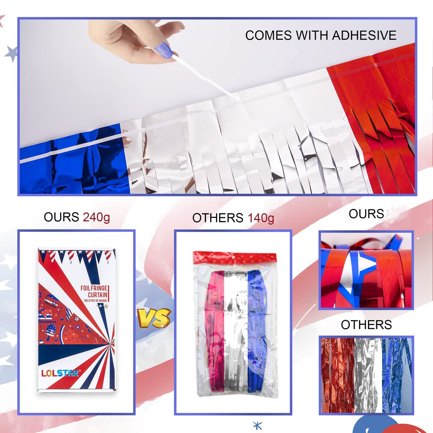 LOLStar 4th of July Decorations, Red White Blue 3 Pack America Star Tinsel Foil Fringe Curtains, Photo Booth Prop Streamer Backdrop for Independence Day, Memorial Day, Labor Day, Patriotic Party