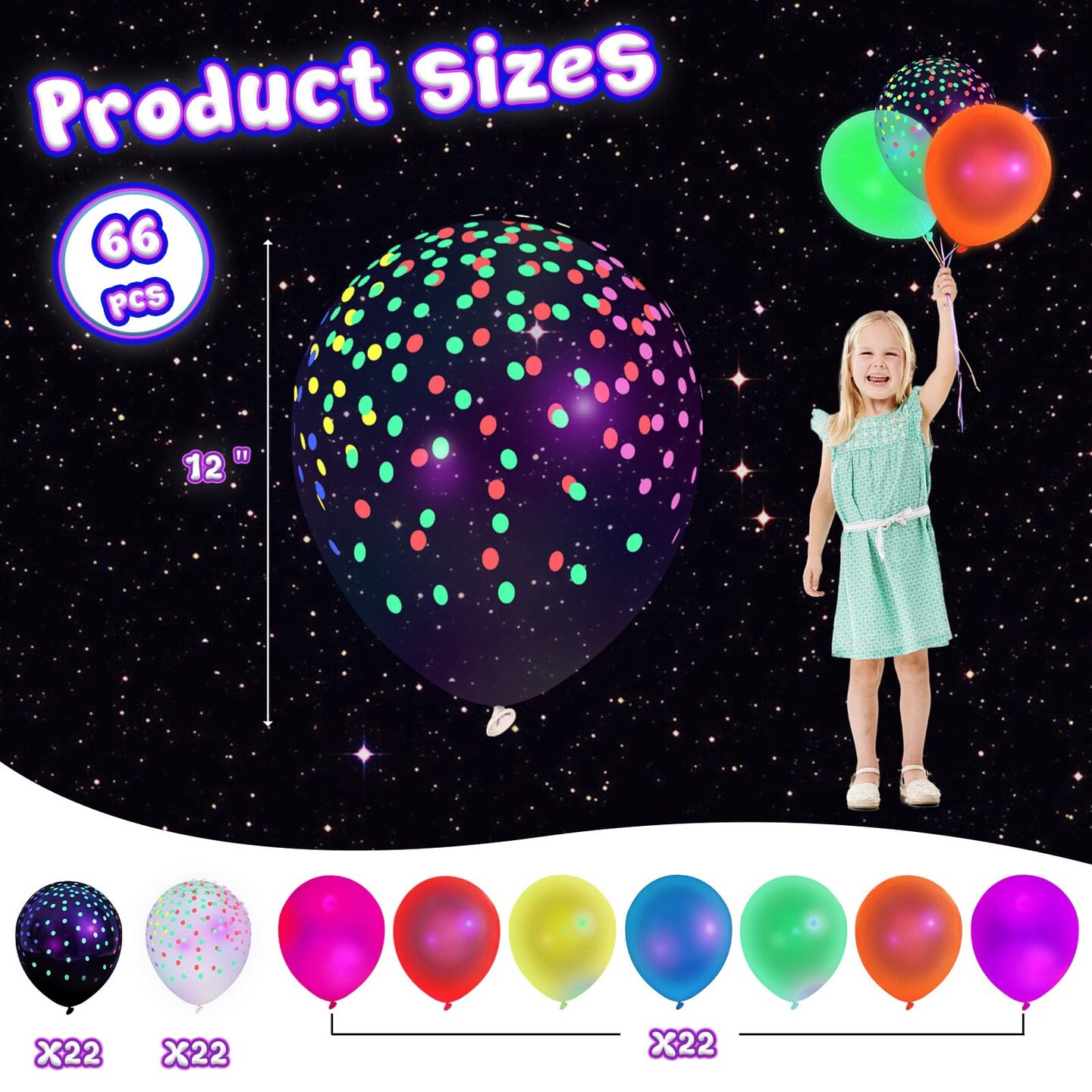 3 otters 66PCS Glow Balloons Assorted Colors, 12&#x22;&#x22; UV Neon Balloons with Small Dots Neon Glow in the Dark Balloons Fluorescent Balloons for Birthday Wedding Glow Party Supplies, Medium, HSHD2969