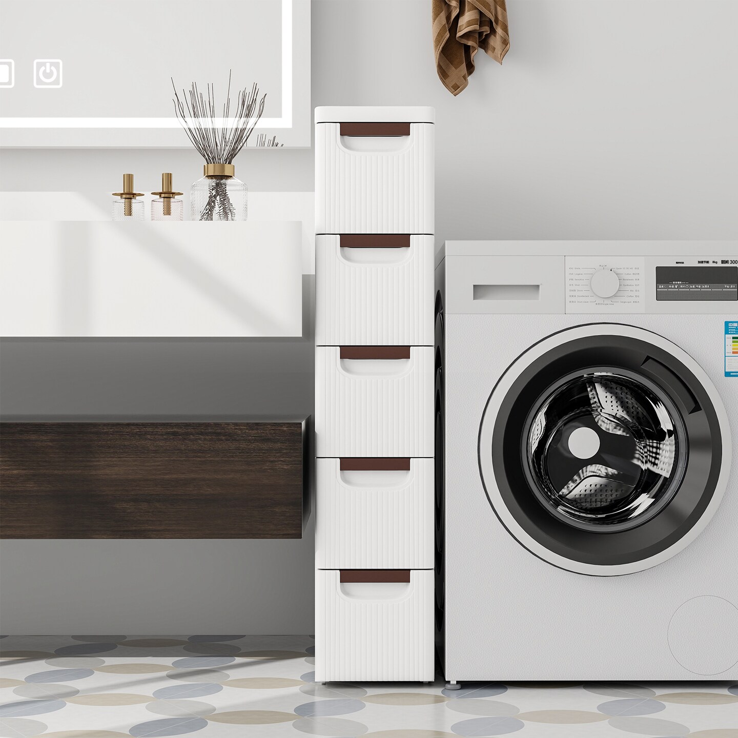 White 5-Drawer Slim Rolling Storage Cabinet with Wheels for Narrow Spaces