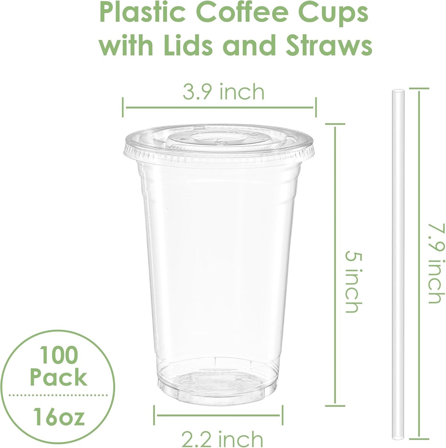 100 Pack 16 oz Plastic Iced Coffee Cups with Lids and Straws, Disposable Clear Coffee Cups with Lids for Cold Coffee, Smoothie, or Any Drinks