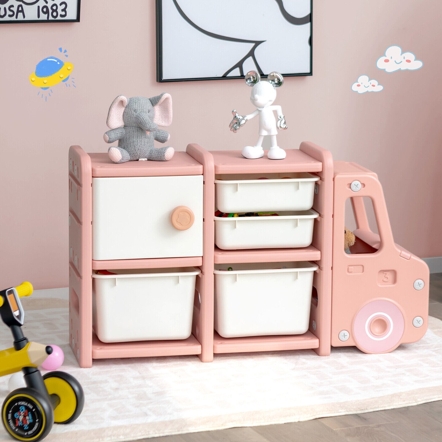 Kids Truck Storage Organizer with Plastic Bins and Toy Cabinet