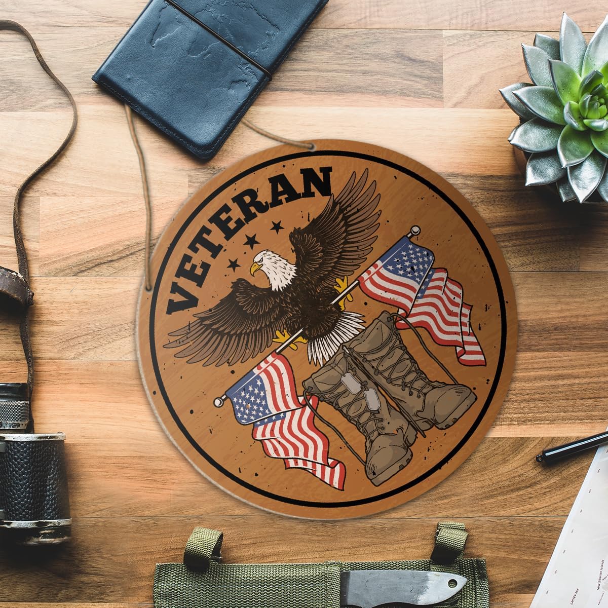 Veterans Day Wall Decor, American Patriotic Round Wooden Hanging Sign Decorations for Man Cave Bar, July 4th Independence Day Memorial Day Wall Decor, Gifts for Veteran Army Dad