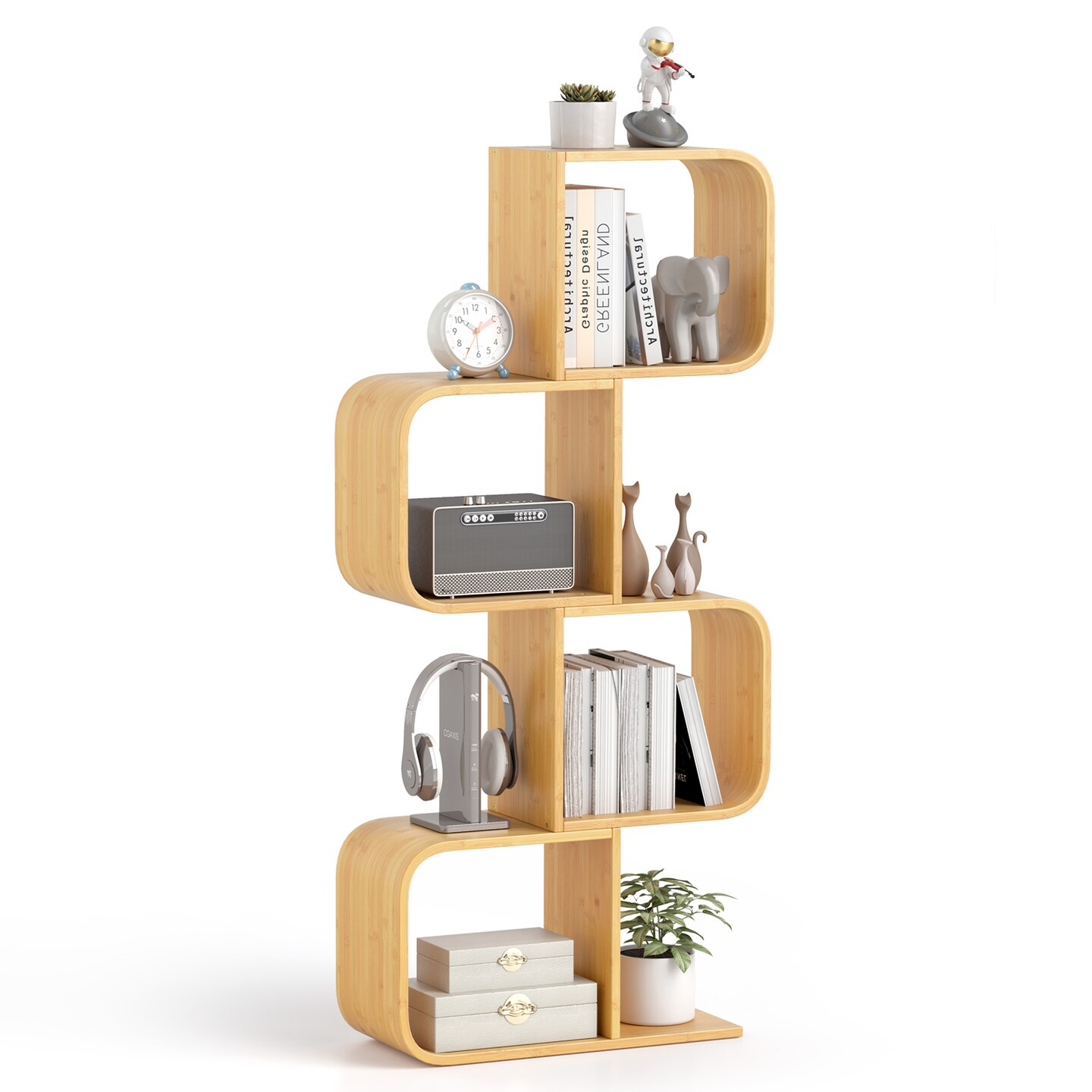Natural Wicker Bookcase with S-Shaped Frame 4-Tier Storage Shelf for Small Spaces and Decor