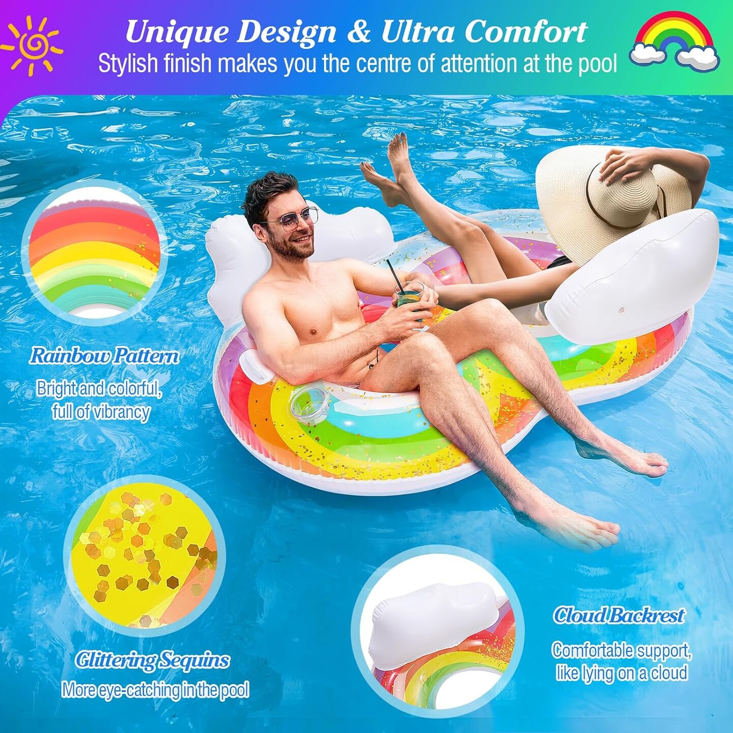 Pool Floats Adult, Inflatable Chairs, Pool Floaties, Inflatable Pool Toys with Cup Holders for Beach Party Water Park