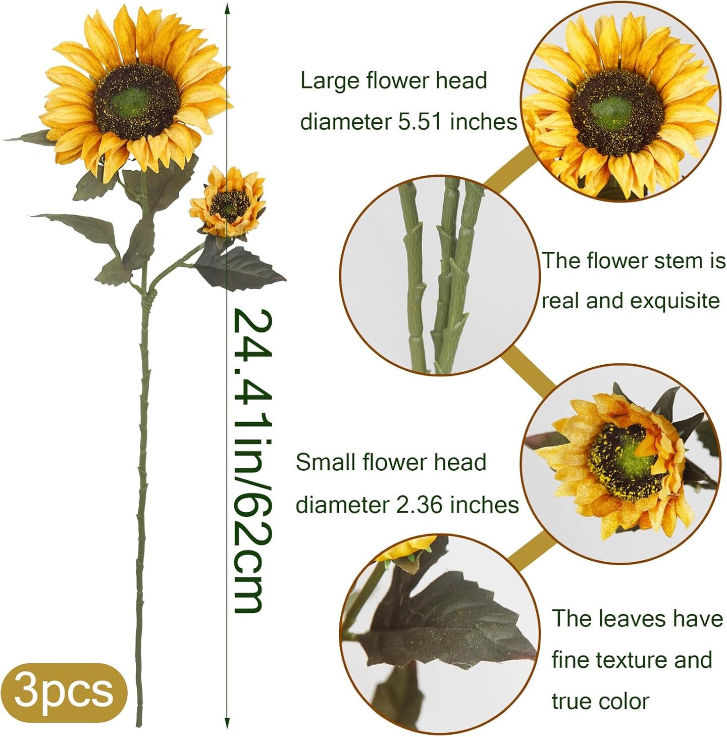 3 Pcs Sunflowers Artificial Flowers with Long Stems Silk Fake Large Sunflowers Decor Faux Sunflower Bouquet Floral Arrangement for Outdoor Indoor Summer Fall Wedding Party Table Centerpieces