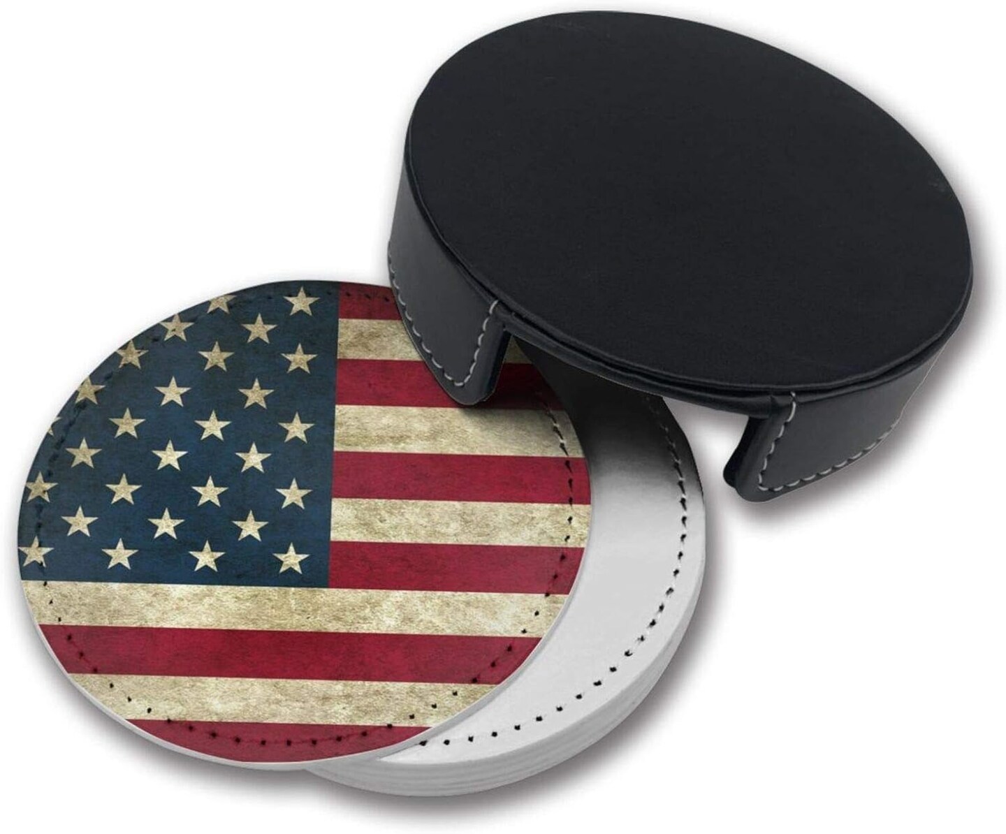 American Flag USA Flag Leather Drinks Coasters with Holder Set of 6, Suitable for Kinds of Cups