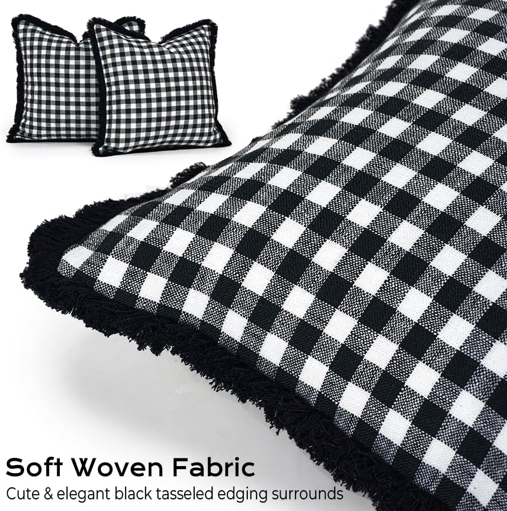 Black and White Christmas Decor Plaid Pillow Covers 18x18 Set of 2 with Tassels, Black Buffalo Plaid Christmas Pillows, Black Christmas Checkered Outdoor Winter Holiday Pillow Covers