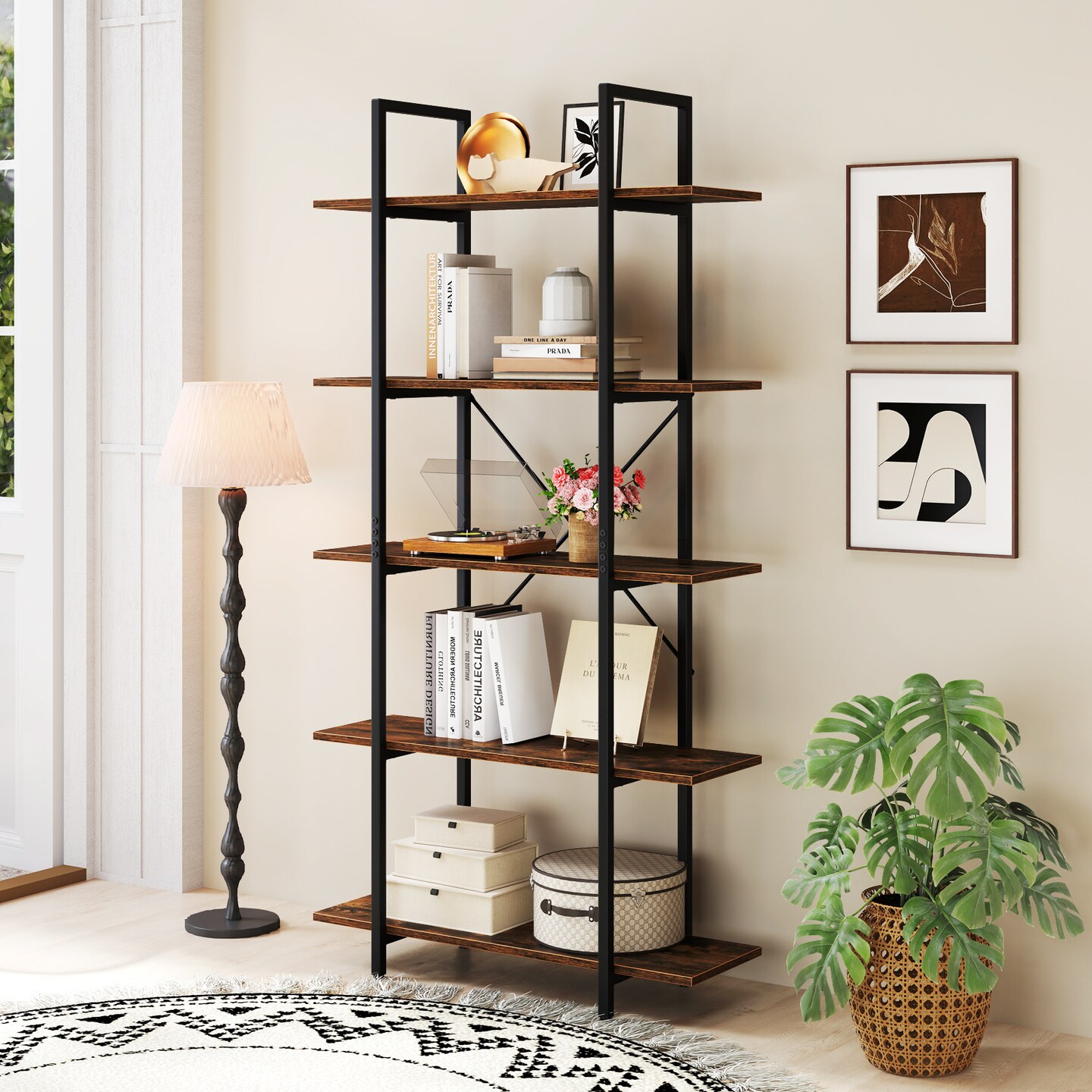 Rustic Brown 5-Tier Bookshelf with Metal Frame 62" Tall Industrial Open Storage Rack for Living Room