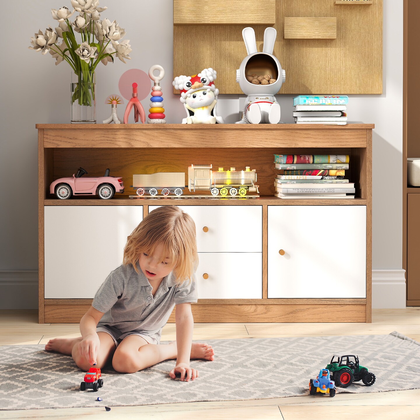 Kids Storage Organizer with Cabinets and Drawers Wooden Toy Shelf for Bedroom or Playroom