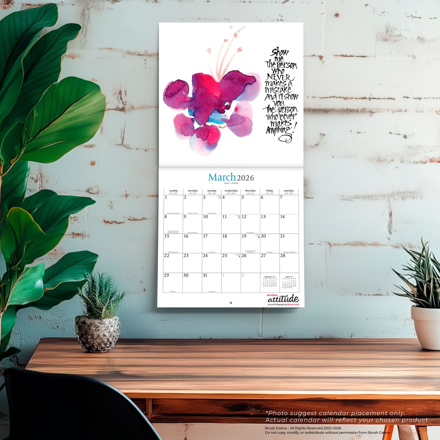 All About Attitude | 2026 12 x 24 Inch (Hanging) Monthly Square Wall Calendar | Featuring the Artwork of Renee Locks | Plastic-Free | Brush Dance | Art Paintings Inspiration Motivation