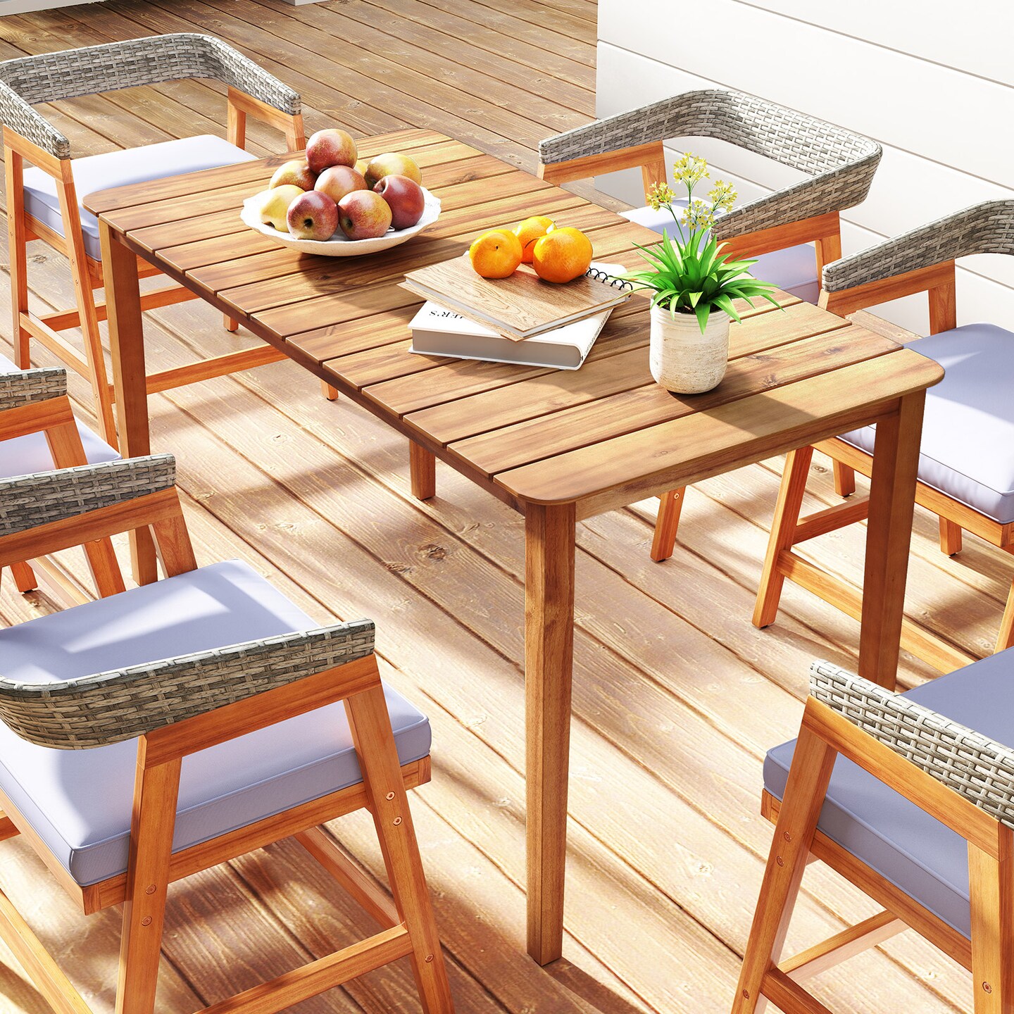 Outdoor Dining Table for 6 Natural Acacia Wood Patio Table with Slatted Top and Adjustable Feet