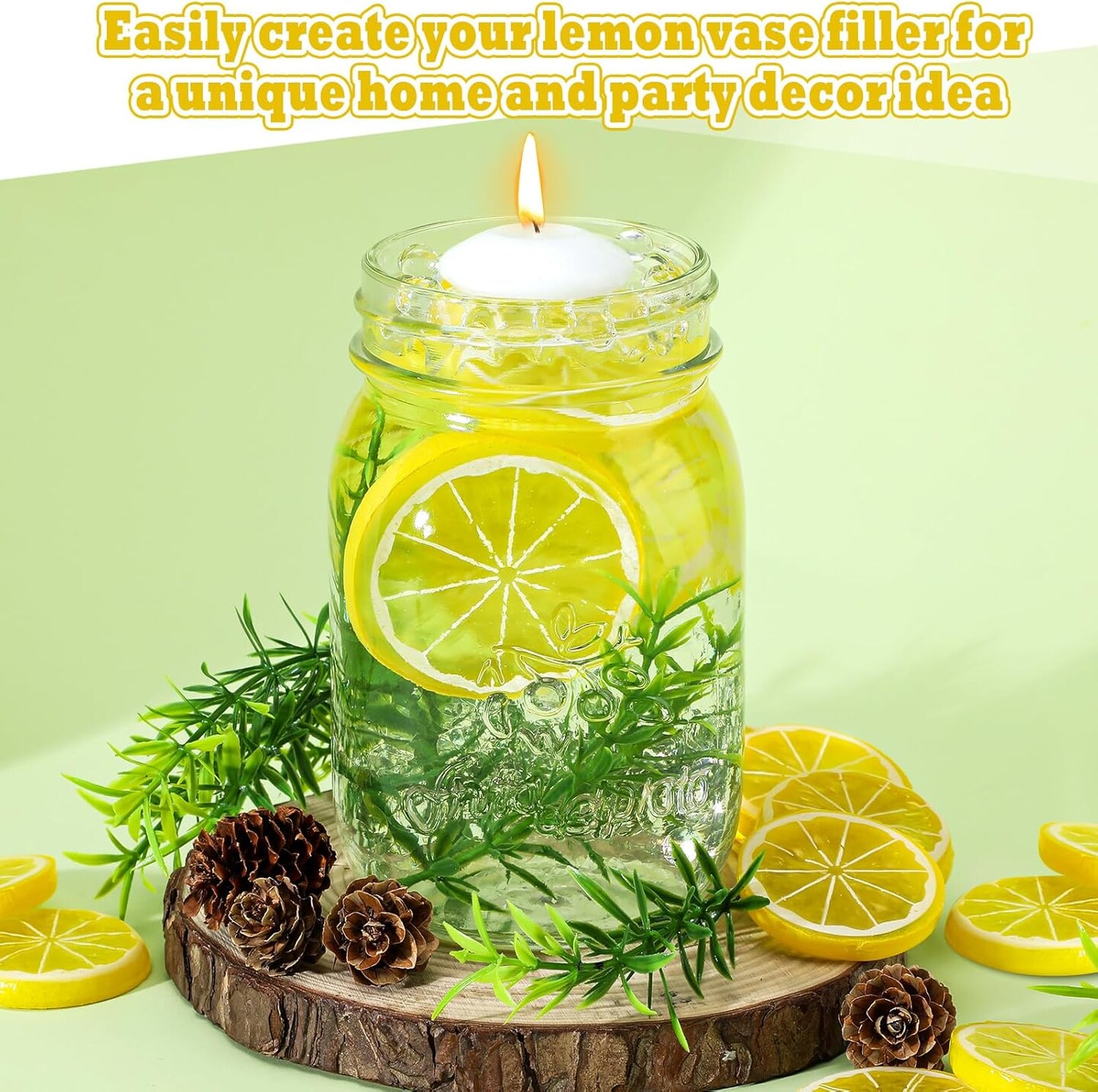 98 Pcs Lemon Vase Fillers with Floating Candles Kit 60 Artificial Lemon Slices 12 Floating Candles 24 Artificial Rosemary 2 Bags Water Gels for Mason Jar Table Centerpiece3