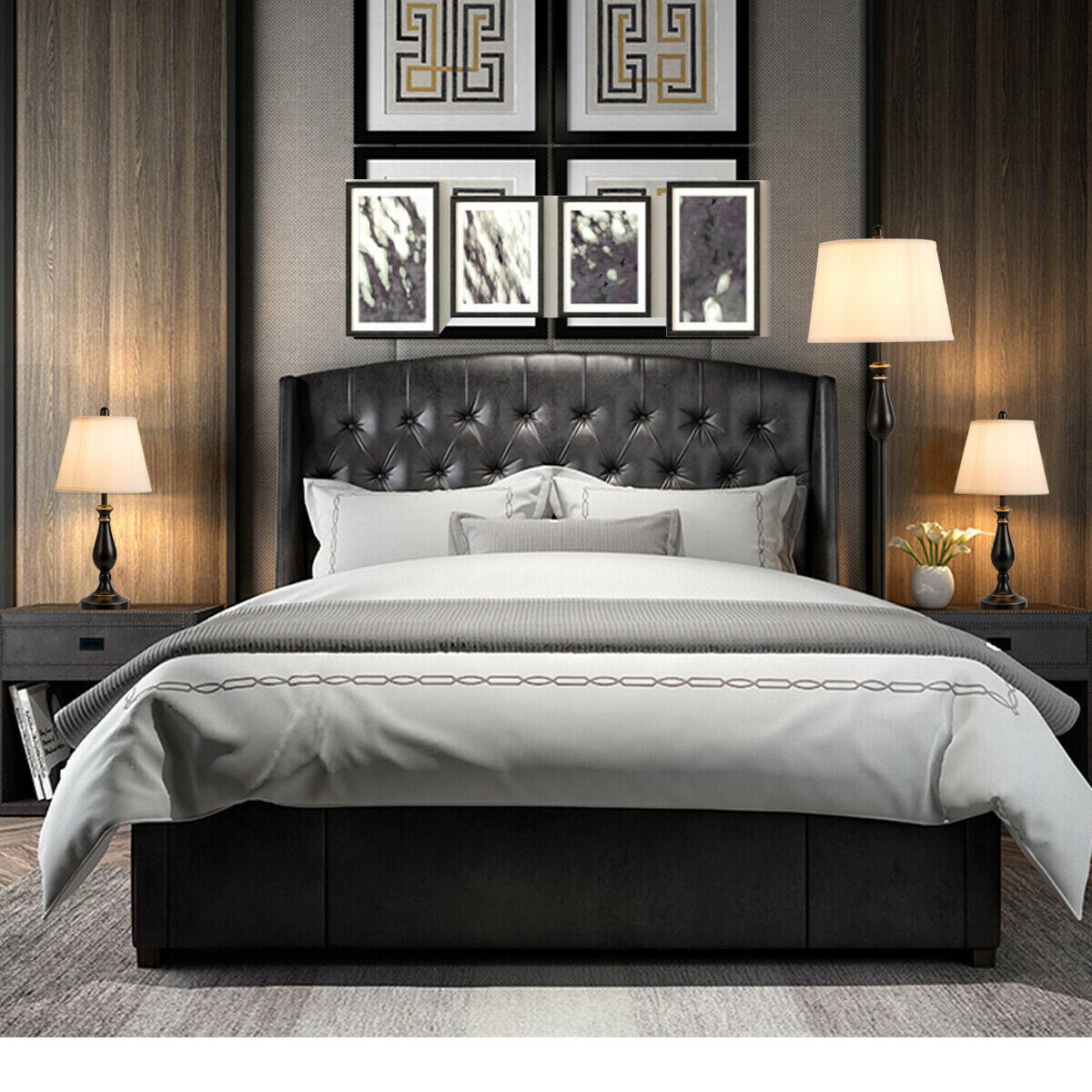 3 Piece Floor and Table Lamp Set with Fabric Shades Modern Metal Lamps for Living Room orBedroom