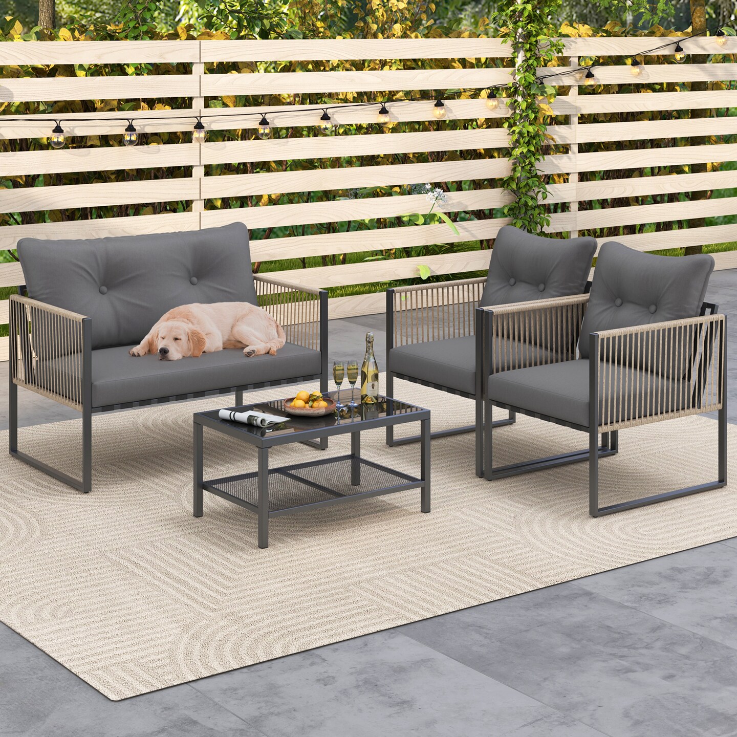 4-Piece Outdoor PE Rattan Patio Set Gray Cushioned Loveseat
